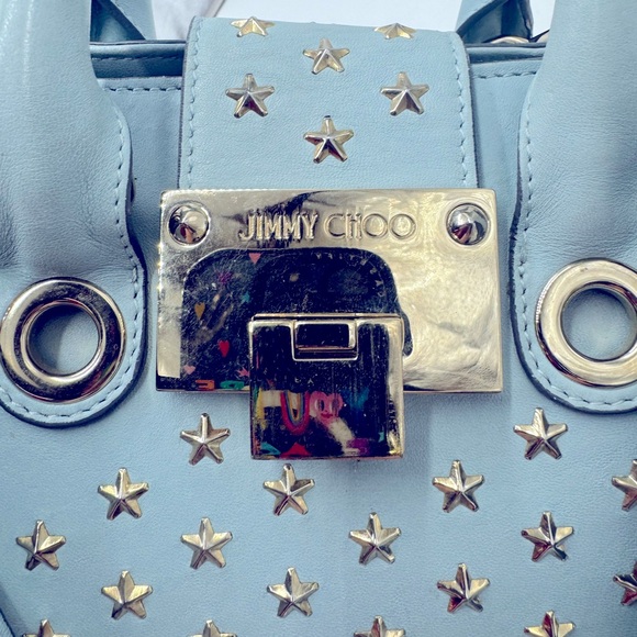 Auth Jimmy Choo Light Blue Star Studded 2way Mini Riley Satchel Top Hanfle Tote - Picture 15 of 15